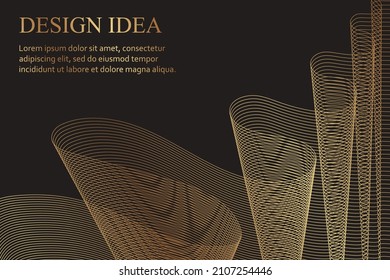 Modern geometric luxury background for banner or presentation or greeting card with golden waves on a black.