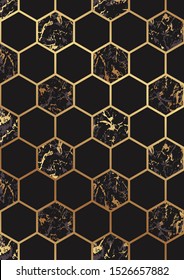 Modern geometric luxury background for business or presentation or greeting with golden lines and black and marble honeycombs.