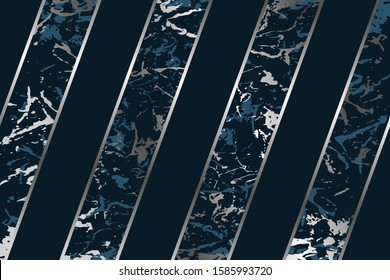 Modern geometric luxury background for business or presentation or greeting card with silver lines and navy blue marble stripes.