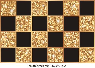 Modern geometric luxury background for business or presentation or greeting card with golden lines and black and glitter squares in chess order.