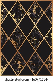 Modern geometric luxury background for business or presentation or greeting card with golden lines and marble and black rhombuses.