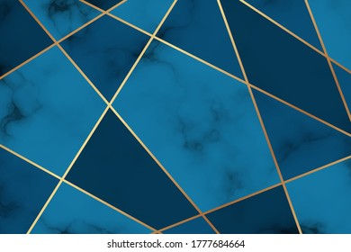 Modern geometric luxury background for business or presentation or greeting card with golden lines and blue marble texture.