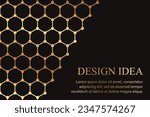 Modern geometric luxury black background for business or presentation or greeting cards with golden honeycombs or hexagons.