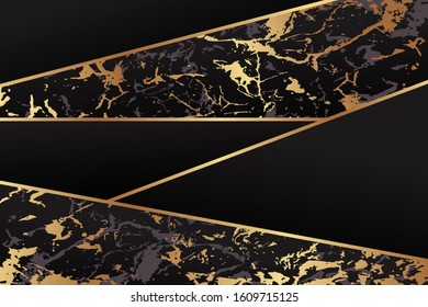 Modern geometric luxury black background for business or presentation or greeting card with golden lines and marble stripes.