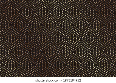 Modern geometric luxury black background for business or presentation or greeting cards with golden honeycombs or hexagons and beads.