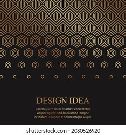 Modern geometric luxury black background for business or presentation or greeting card with golden honeycombs or hexagons.