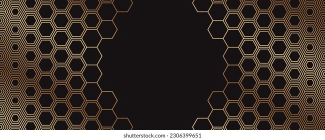 Modern geometric luxury black background for banner or presentation or header with golden hexagons or honeycombs.