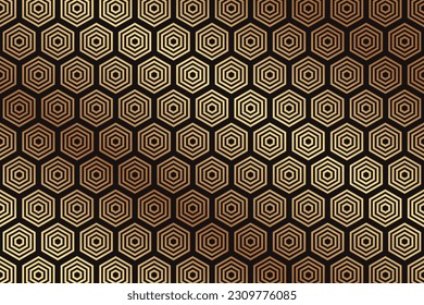 Modern geometric luxury black background for business or presentation or greeting cards with golden honeycombs or hexagons.