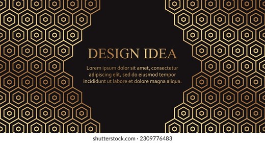 Modern geometric luxury black background or header for business or presentation or greeting cards with golden honeycombs or hexagons.