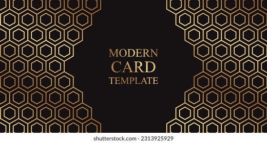 Modern geometric luxury black background or header for business or presentation or greeting cards with golden honeycombs or hexagons.