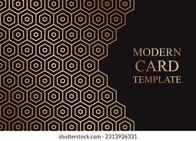 Modern geometric luxury black background or banner for business or presentation or greeting cards with golden honeycombs or hexagons.