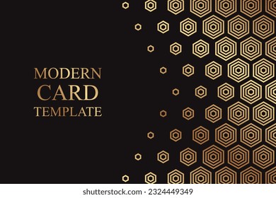 Modern geometric luxury black background for business or presentation or greeting cards with golden honeycombs or hexagons.