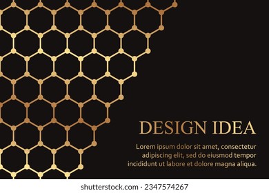 Modern geometric luxury black background for business or presentation or greeting cards with golden honeycombs or hexagons.