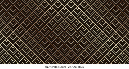 Modern geometric luxury black background with golden lines and rhombuses in art deco style.