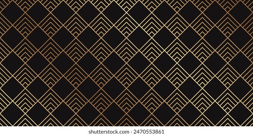 Modern geometric luxury black background with golden lines and rhombuses in art deco style.