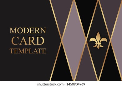 Modern geometric luxury card template for business or presentation with golden lines, rhombuses and fleur de lis on a dark background.