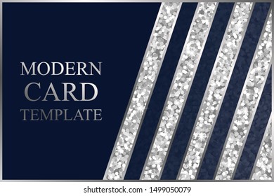 Modern geometric luxury card template for business or presentation with silver lines and blue stripes on a navy blue background.