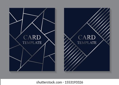 Modern geometric luxury card template for business or presentation or greeting with silver lines on a navy blue background.