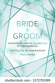Modern geometric luxury card template for wedding or business or presentation or greeting with turquoise lines on a white marble or cloudy background.
