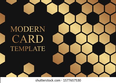 Modern geometric luxury card template for business or presentation or greeting with golden honeycombs on a black background.