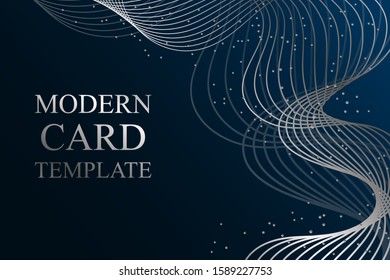 Modern geometric luxury card template for business or presentation or greeting with silver waves on a nay blue background.