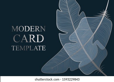 Modern geometric luxury card template for business or presentation or greeting with silver feathers on a navy blue background.