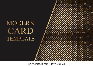 Modern geometric luxury card template for business or presentation or greeting with golden glitter or shining halftone and a black background.