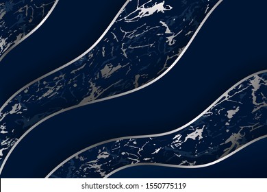 Modern Geometric Luxury Navy Blue Background For Business Or Presentation Or Greeting With Silver Waves And Marble Texture Or Paint Splashes.