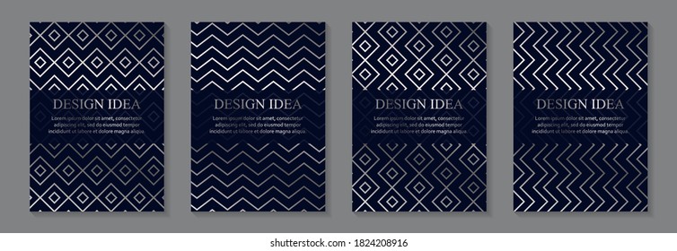 Modern geometric luxury new year design or card templates for birthday greeting or certificate or poster with silver rhombuses and zig zag lines on a navy blue background.