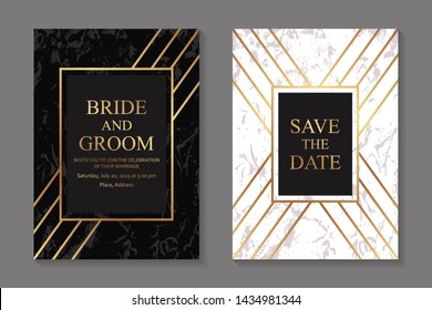 Modern geometric luxury wedding invitation design or card templates for business or presentation or greeting with golden lines on a black and white marble background.