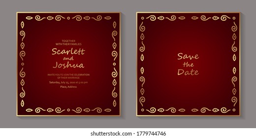 Modern geometric luxury wedding invitation design or card templates for business or presentation or greeting with golden borders on a red background.