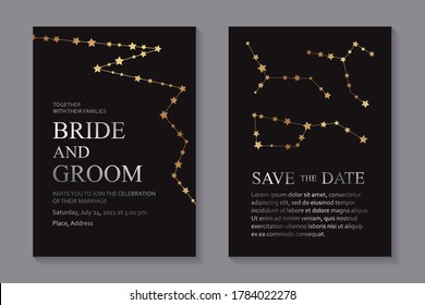 Modern geometric luxury wedding invitation design or card templates for birthday greeting or certificate or cover with golden stars and constellation and silver text on a black background.