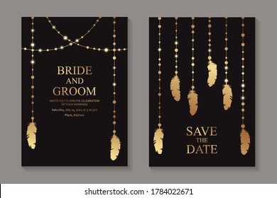Modern geometric luxury wedding invitation design or card templates for birthday greeting or certificate or cover with golden boho garlands and feathers on a black background.
