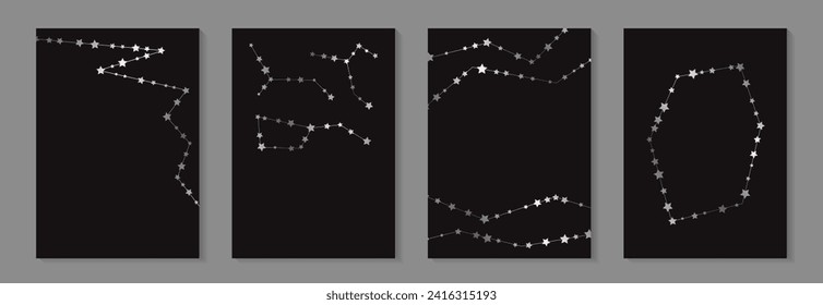 Modern geometric luxury wedding invitation design or card templates for birthday greeting or certificate or cover with silver stars and constellation on a black background.