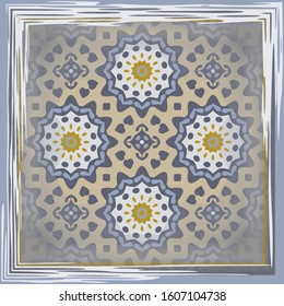 Modern geometric mandala pattern, fabric  texture. Scarf design. Frame.