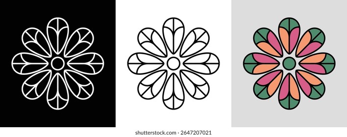 Modern geometric mandala with symmetrical petals and bright hues for vibrant decor.