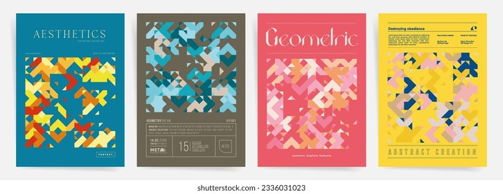 Modern Geometric Maze Wall Art. Collection of 4 A4 Posters with Abstract Patterns and Random Geometric Particles. Aesthetic patterns for poster, banner, brochures, presentation or book front pages.