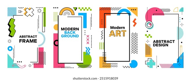 Modern geometric Memphis frame posters with abstract shapes and elements, vector backgrounds. Memphis posters or covers with trendy abstract geometric simple shapes and minimal figures patterns