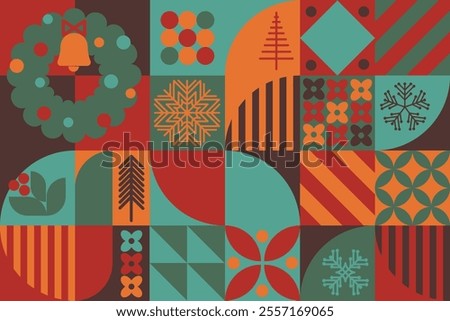 Modern geometric Merry Christmas vector background with bauhaus abstract pattern for wrapping paper, background, design.