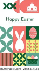 Modern geometric mosaic Easter card with traditional icons, botanical elements, and vibrant colors. Perfect for banners and festive greetings.