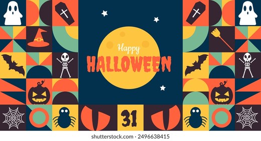 Modern geometric mosaic Happy Halloween.   Background with elements of the October holiday. Minimalistic style.Vector illustration.