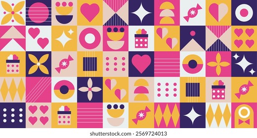 Modern geometric mosaic pattern for greeting cards, posters, wrapping, pack paper. Birthday, greeting, Valentine`s day concept. Flat vector illustration. Modern geometric background.
