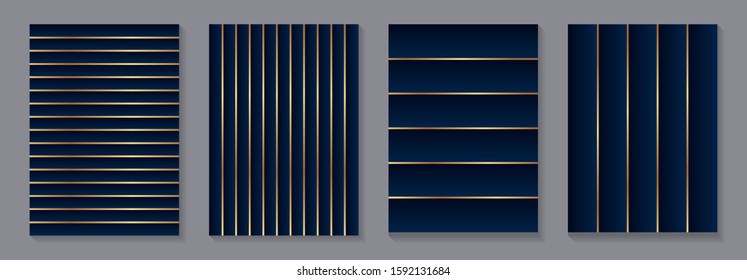 Modern geometric navy blue background for wedding invitations or greeting card templates with golden lines.