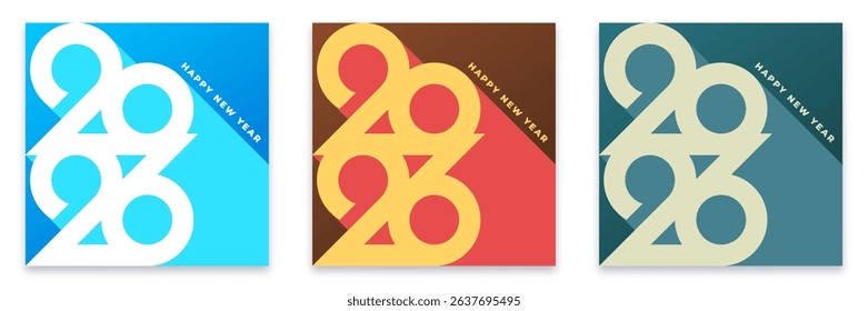 Modern geometric New Year 2026 design in three color variations. The bold and abstract number layout creates a clean and stylish holiday greeting, perfect for cards, banners, and festive decor.