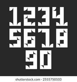 Modern geometric numeral set with bold white digits from 0 to 9 on a dark background, numbers with cut-out shapes, for contemporary typography, graphic design, and creative projects.