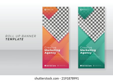 Modern geometric overlapping shapes advertisement display exhibition trend business roll up standee signage banner concept layout design.
