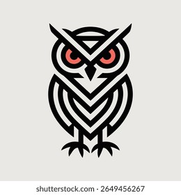 Design moderno do logotipo da coruja geométrica com linhas negras, estilo minimalista e olhos vermelhos — Ícone abstrato da vida selvagem para uso de marca ou ilustração.