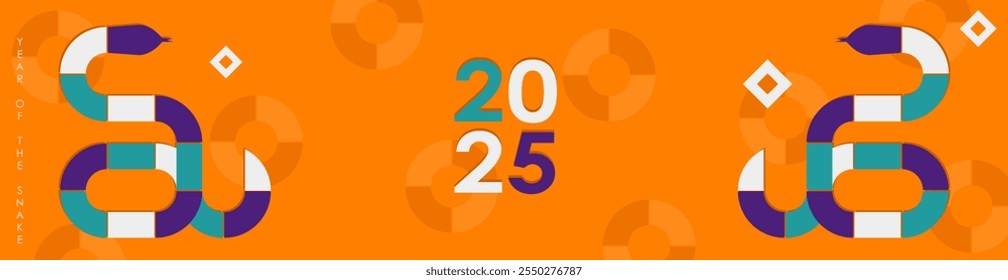 Modern geometric panoramic banner design for 2025 Year of the Snake with bold cyan, purple and white segments forming a snake on an orange background with abstract circles, 2025 text and copy space