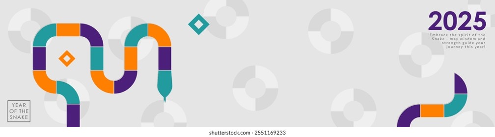 Modern geometric panoramic banner design for 2025 Year of the Snake with bold orange, purple, teal segments forming a snake on a white wide background with abstract circles and copy space for text