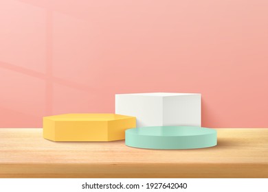 Modern geometric pastel color podium with pink empty room and wood pattern background. Abstract vector rendering 3d shape for advertising product display. Minimal scene studio room concept.